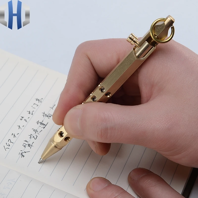 Brass Pen Manual Machine Gun Creative Retro Hexagonal Brass Pen Signature Pen Office Stationery High-end Gift Pen