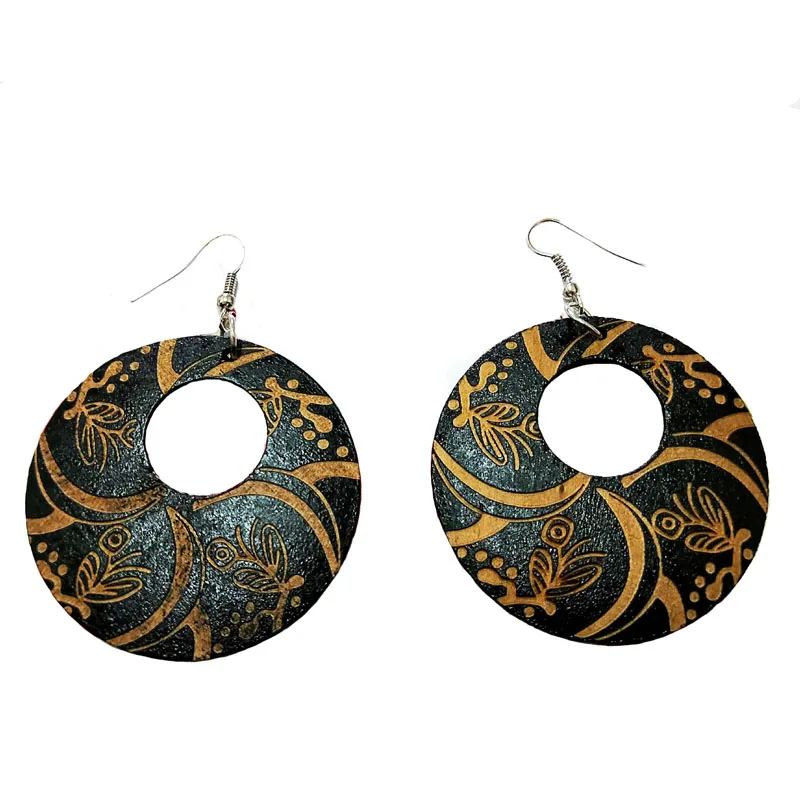 Black Wood Round Africa Handmade Engraved Flower DIY Tribal Earring Wooden Vintage Ethnic Accessories Ear African Boho Jewelry