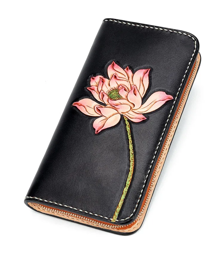 New Women Genuine Leather Wallets Carving Lotus Zipper Bag Purses Long Clutch Vegetable Tanned Leather Wallet New Year Gift