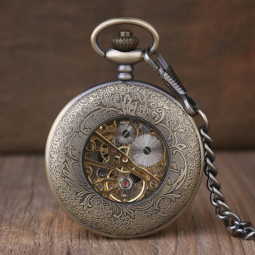 Exquisite Skeleton Flower Manual Mechanical Pocket Watch Vintage Steampunk Necklace Pendant for Men and Women Accessories