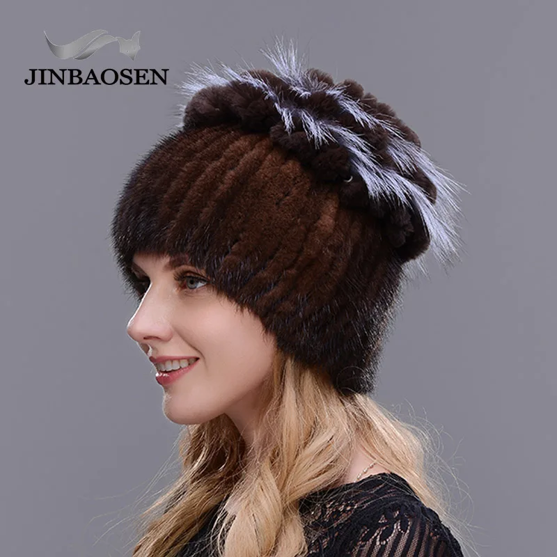 JINBAOSEN Real Mink Fur Winter Hat Female Patchwork Rex Rabbit Fur Cap Female Fox Fur Warm Hat Elegant