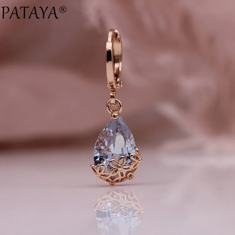 PATAYA New White Water Drop Long Earrings 585 Rose Gold Color Patterned Asymmetry Dangle Earrings Women Wedding Fashion Jewelry