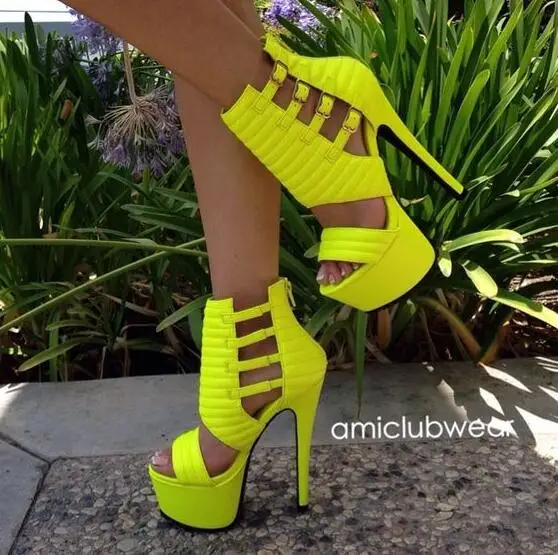 

Free Shipping Sexy Woman Nightclub Solid Fluorescent Yellow Peep Toe Buckles Platform Zipper Back Cuts Out Thin Heels Sandals