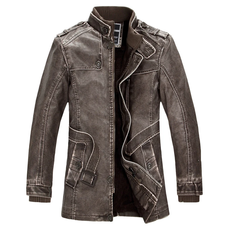 Winter Leather Jacket Mens Casual Warm Mens Long Leather Trench Coat Washed PU Leather Motorcycle Jacket Plus size 3XL