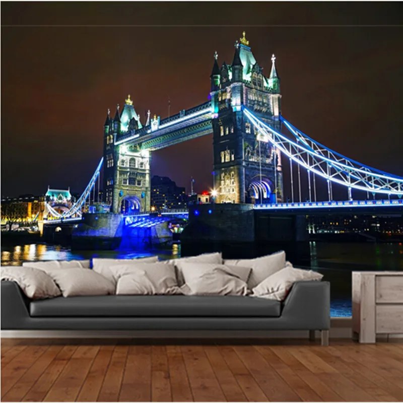 Custom 3D large mural,  London Bridge under the beautiful lights at night ,living room sofa TV wall  bedroom wall paper