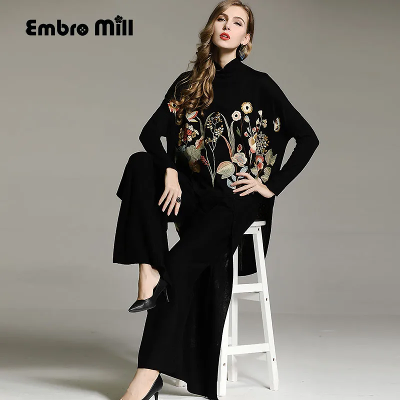 Women Black Sweater Top Chinese Style Royal Loose Wool Embroidery Floral Knit Coat Elegant Lady Female M-XXXL