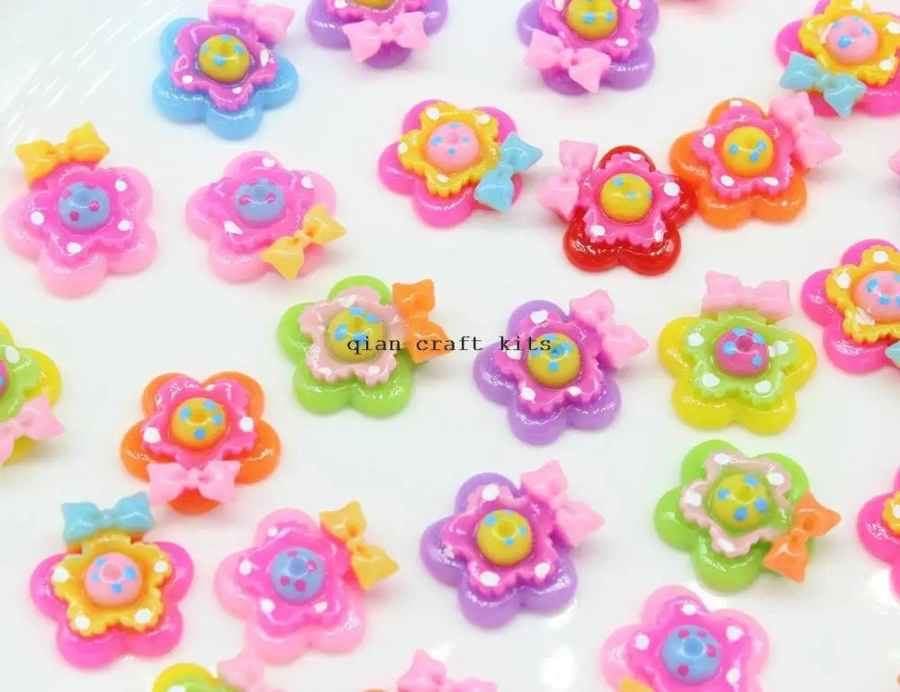 300pcs sun Flower w/ bows polka dots Resin Cabochons, Flower Shaped 20mm decoden sunflowers charm pendants