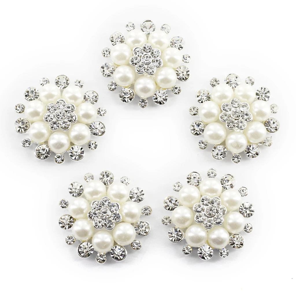 5pcs 30mm Crystal Rhinestone Buttons Pearl Flower Embellishments Buttons Flatback DIY Buckles for Wedding Jewelry Shoes Decor