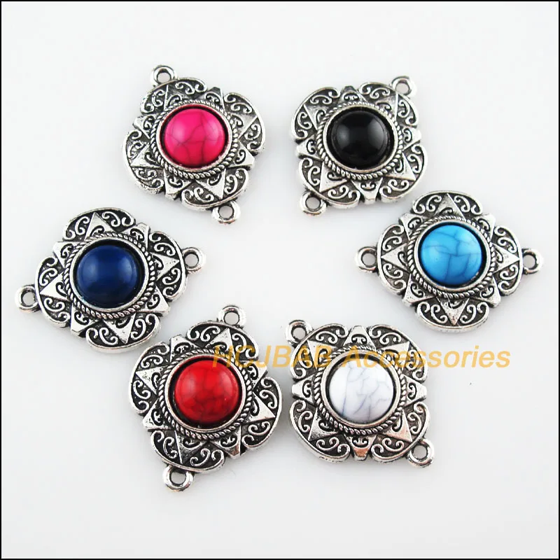 6Pcs Tibetan Silver Flower Mixed Stone Charms Pendant Connectors 23.5x30mm