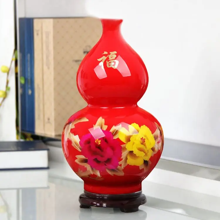 Jingdezhen ceramic Chinese red straw peony gourd vases, home furnishing articles Wedding gift