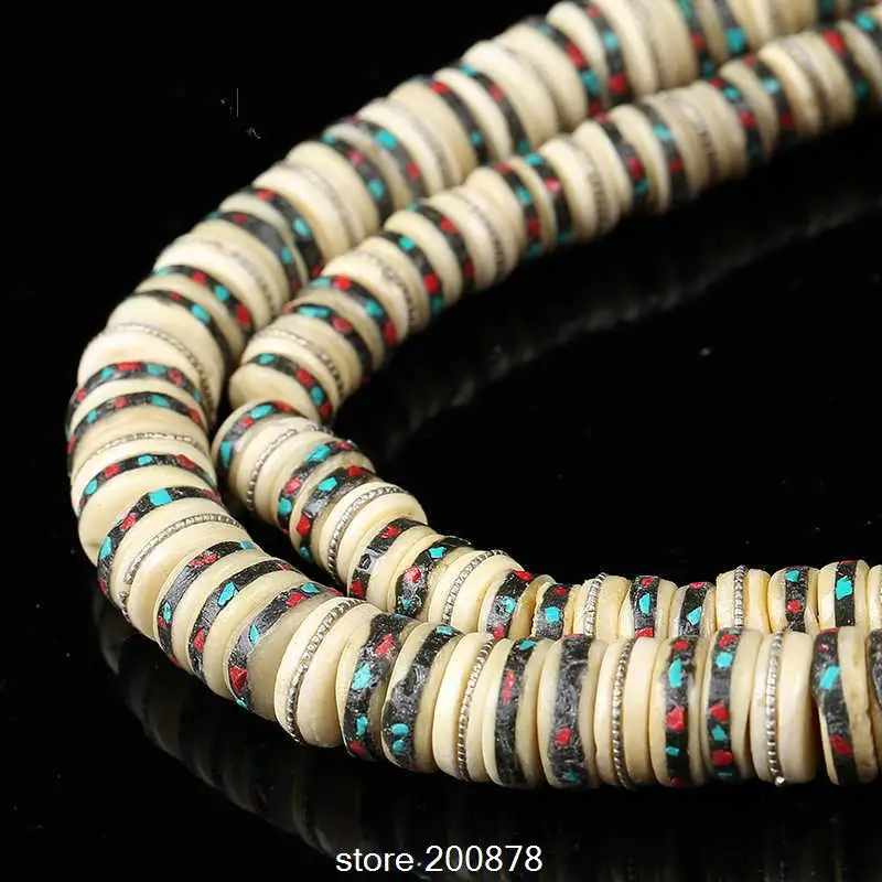 Tibetan Beads Tibet Yak bone Inlaid colorful stone belt Mala Beads 10beads lot Hand Colorful beads 11/12mm TSB0018