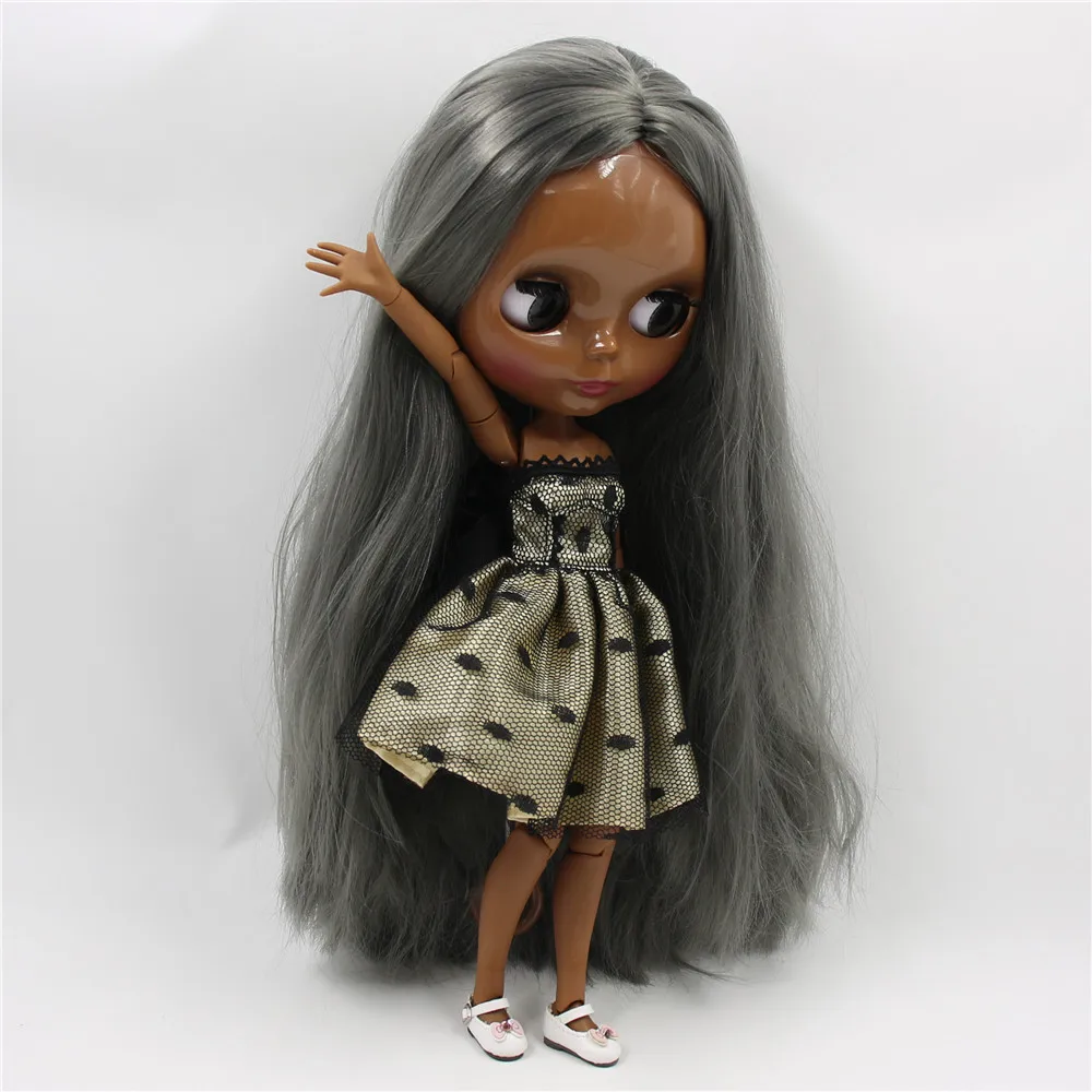 ICY DBS Blyth doll dark black skin Glossy face joint body gray hair. NO.BL9016