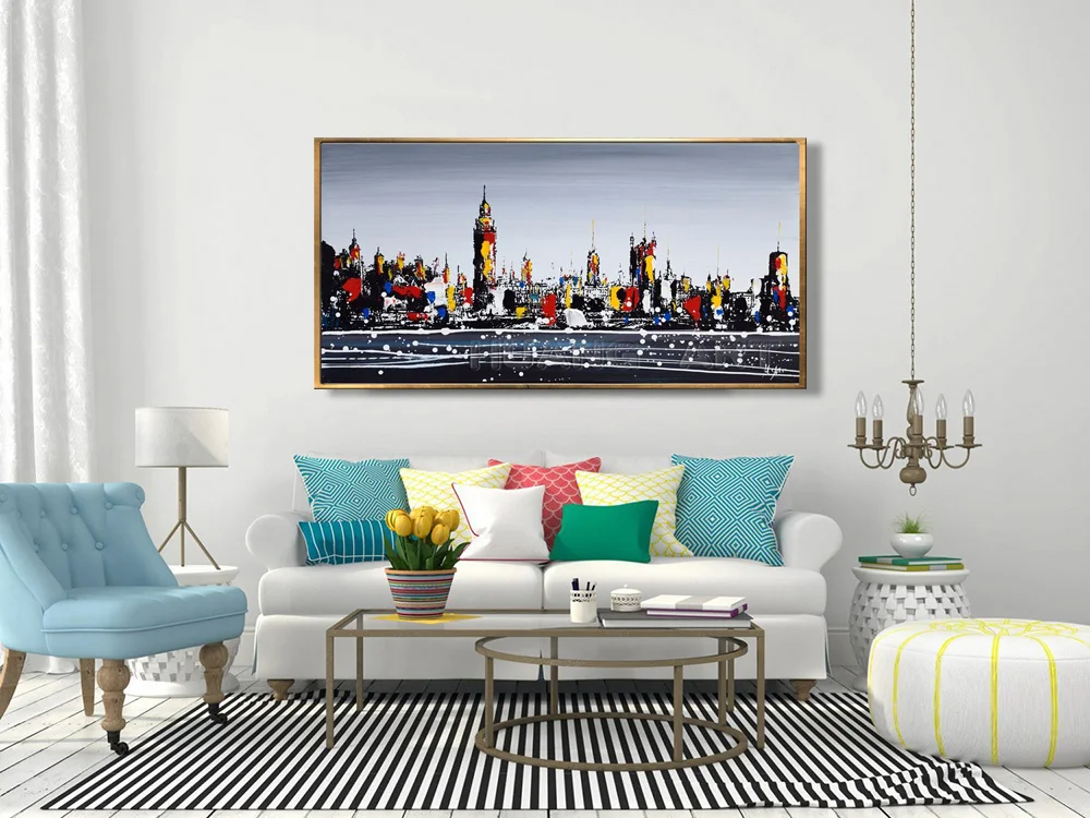 100% Hand-painted High Quality City Landscape Oil Painting on Canvas for Living Room Decor Buildings Street Scenery Painting