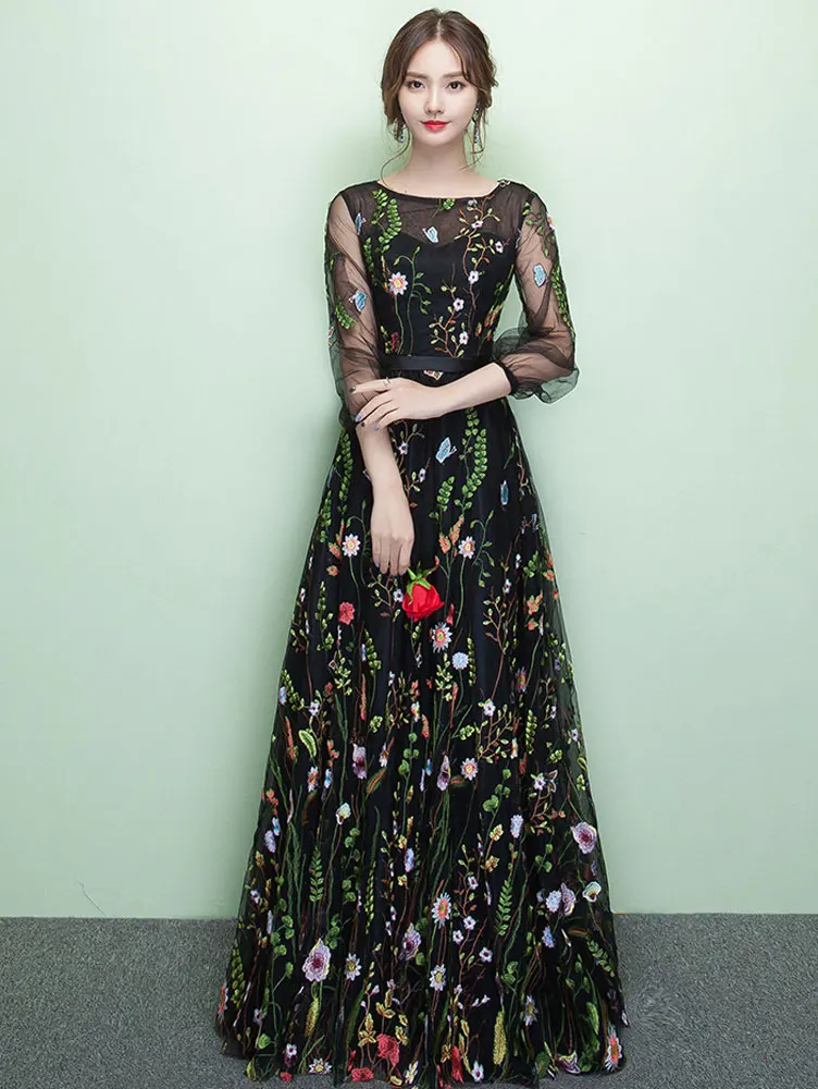 Vestido de fiesta de noche con cremallera para mujer, mangas largas, Floral, negro, apliques de ilusión, elegante, largo hasta el suelo, Formal, graduación