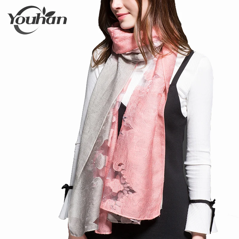 

YOUHAN 2021 Women Scarf Brand Bandana Embroidered Flowers Lace Scarves High Quality Cotton Scraf Female Foulard Pashmina Shawls