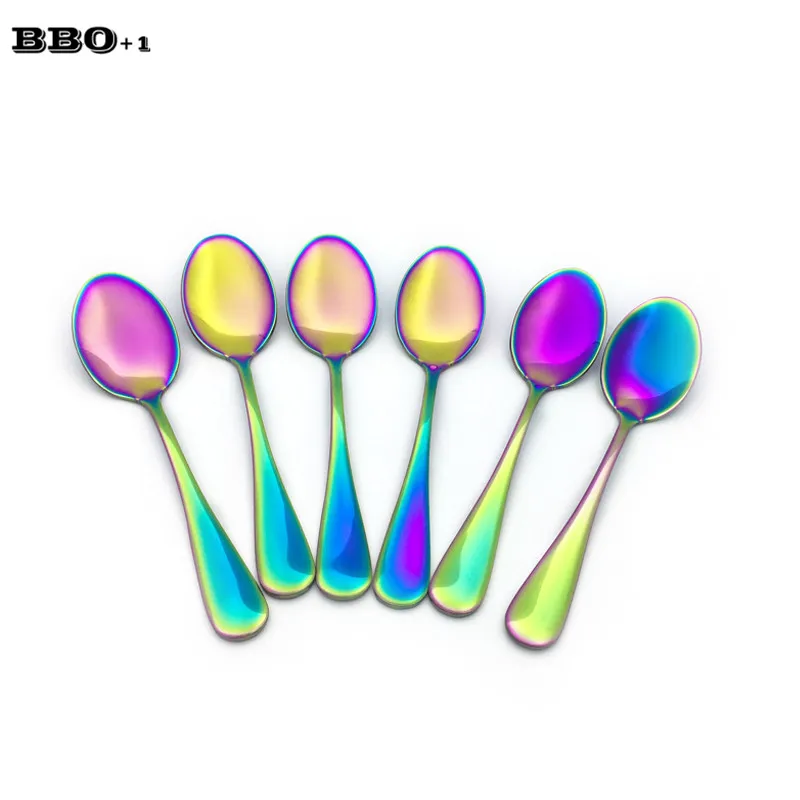 5.3'' 4-12pcs Rainbow Teaspoon Small Coffee Dessert Spoon Stainless steel Round Mix Stirring Spoons Colorful  Kitchen Cutlery