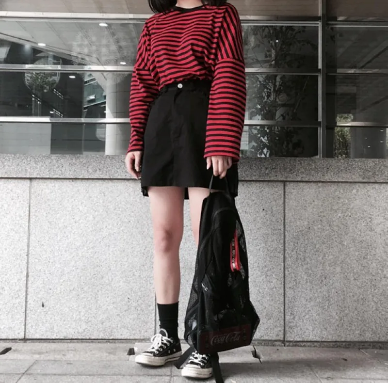 Women Men Fashion Brand Korea Style Vintage Black Red Stripe Ulzzang Harajuku O-neck Long Sleeve T-shirts Female Casual Tshirts