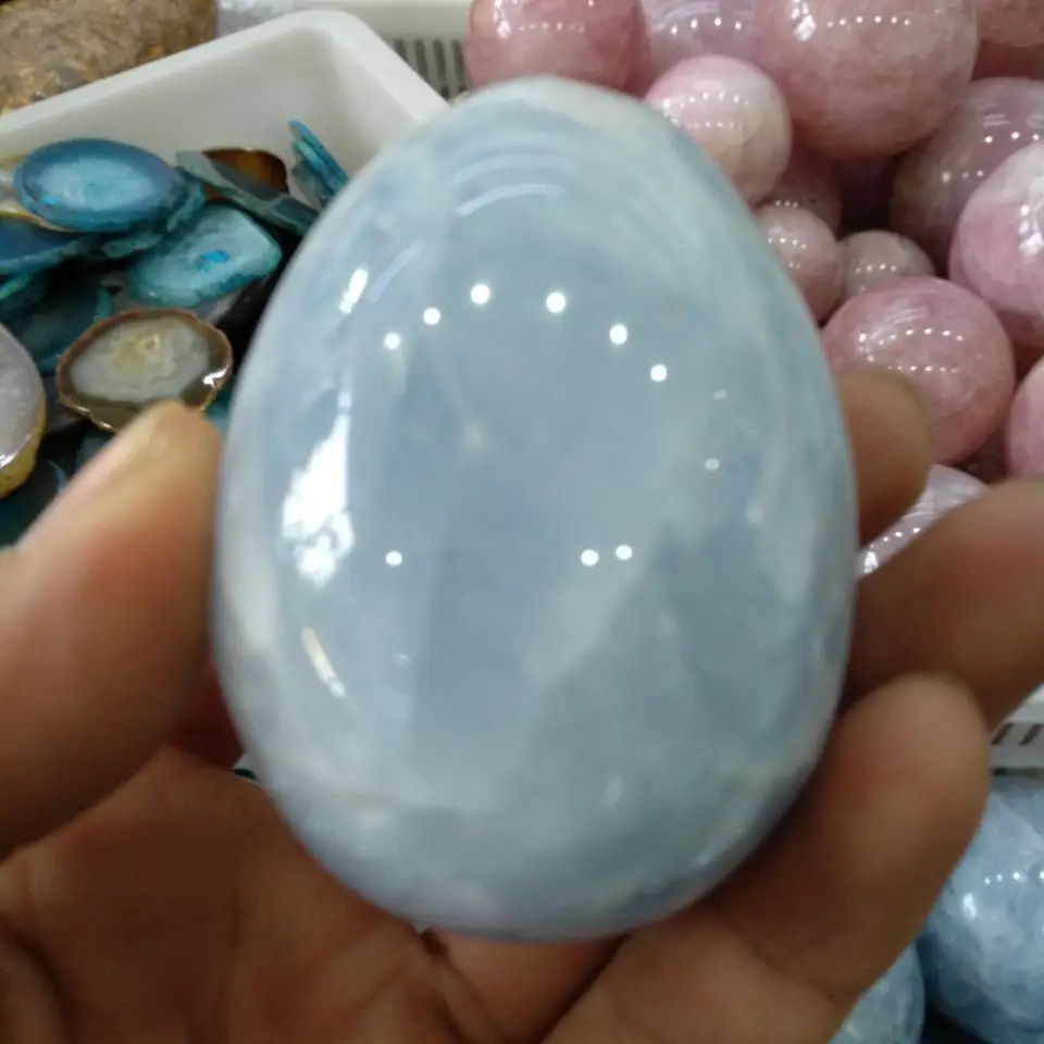 Natural Blue celestite palm stones polished oval shape stone