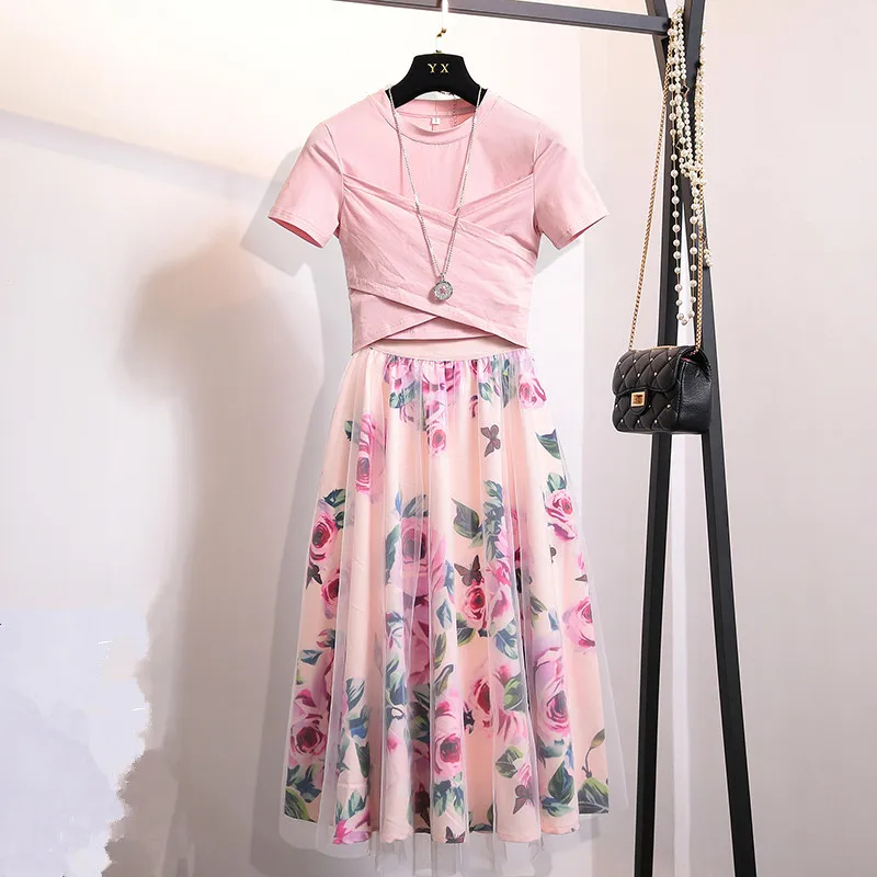 

ZAWFL Summer Women 2 Piece Set 2022 Fashion Pink Cotton Bowknot Short T Shirt + Mesh Floral Print Big Swing Long Skirt Suits