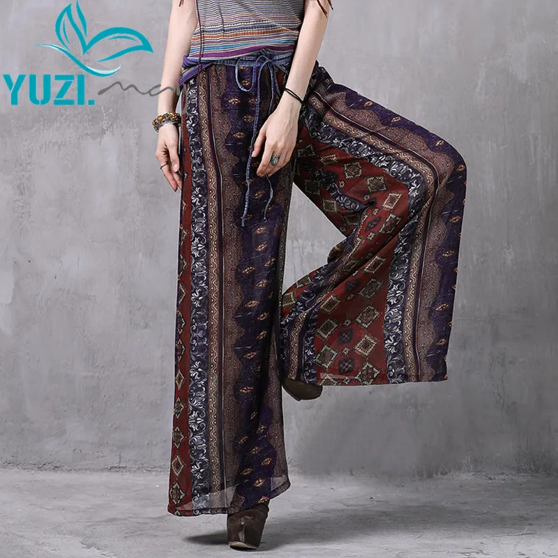 

Wide Leg Pants 2017 Yuzi.may Boho New Chiffon Pant Women Floral Print Elastic Waist Calca Feminina X2206 Trousers Women