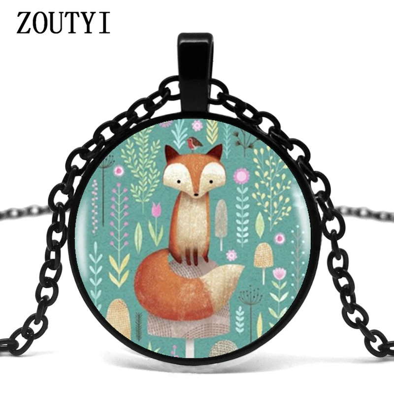 2018/ hot sale, Fox Flower Fox Pendant Necklace Glass Dome Pendant Necklace.