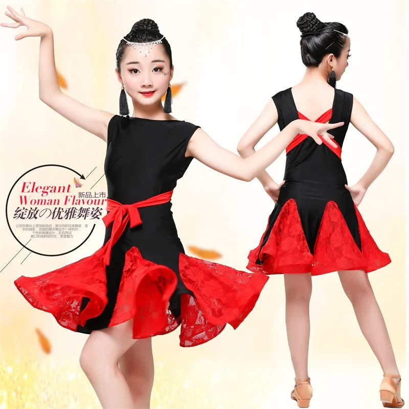 Disfraz de baile latino para niñas, vestido de encaje sin mangas para práctica de baile flamenco, D-0277, 5 uds.