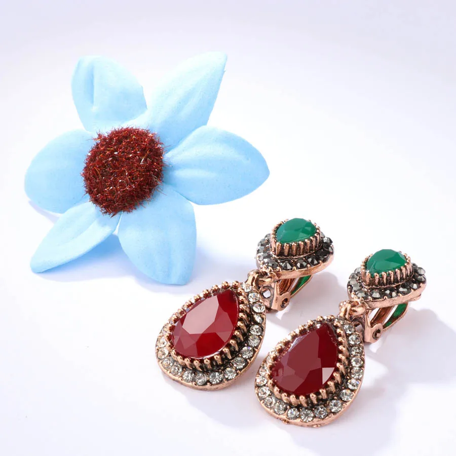 Vintage Big Blue Red Stone Drop Earings Antique Gold Crystal Statement Earrings For Women Fashion Turkish Jewelry 2018