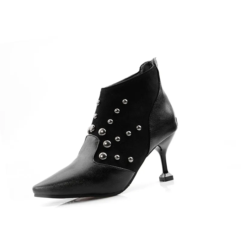 YMECHIC-Botines puntiagudos para mujer, zapatos de tacón de aguja, a cuadros, remaches, talla grande, color marrón y negro, otoño