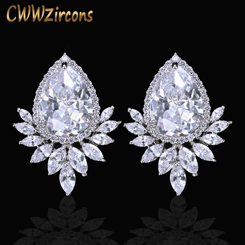 CWWZircons Brand Trendy Diamante Women Ear Jewelry Silver Color Sparkling Big Teardrop Cubic Zirconia Earrings CZ377