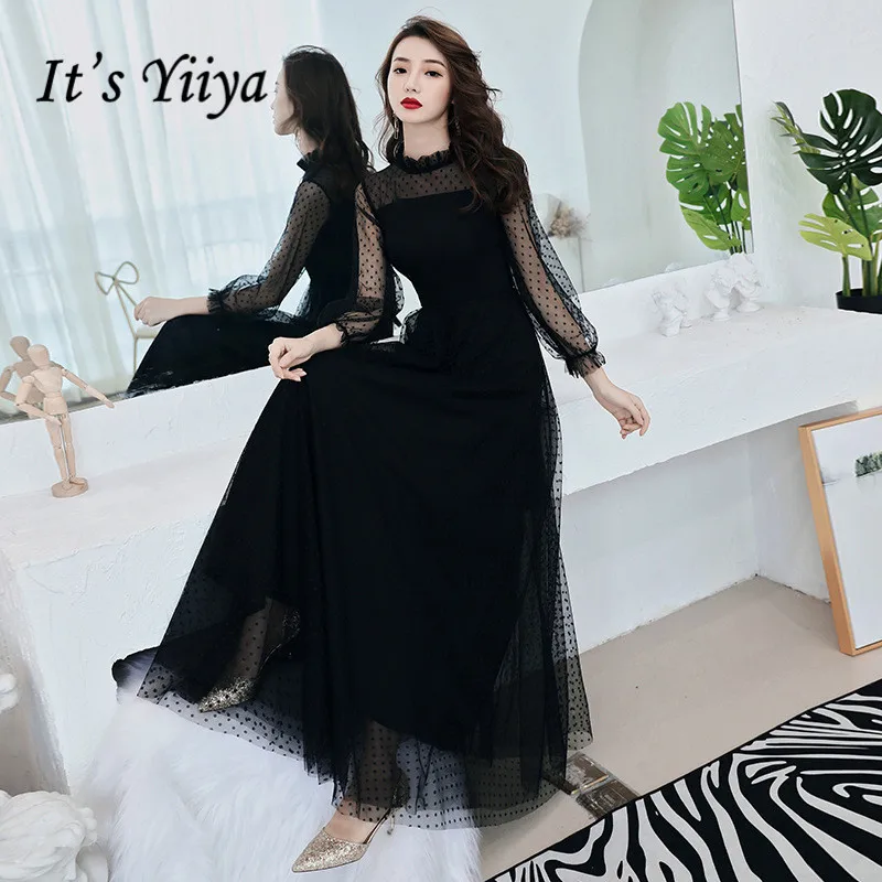 Ini YiiYa Gaun Malam Fashion Dot Cetak Hitam Panjang A-line Gaun Formal Lengan Panjang Chiffon Elegan Pesta E016