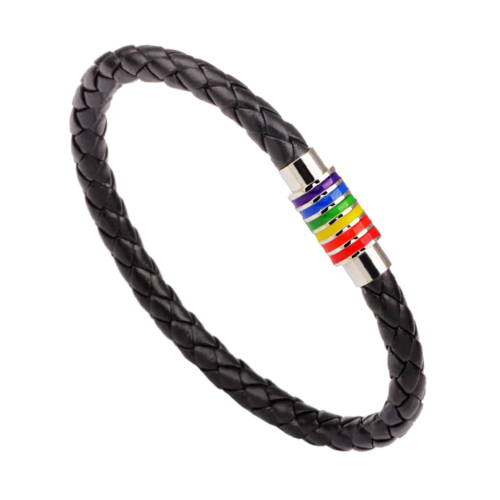 Gay Pride Hand Leather Bracelet Bangle LGBT Rainbow Magnet Same Sex Pride Jewelry Men Stainless Steel Bracelets Wristband