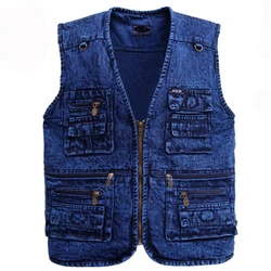 Men's vest Outerwear Denim Waistcoat Deep Blue Color Plus Size Sleeveless Jacket Multi-pocket size XL to 5XL