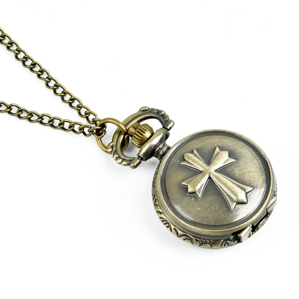 8925   Bronze Christian Cross Quartz Pocket Watch Necklace Pendant Religions CollectiblesMen Gifts