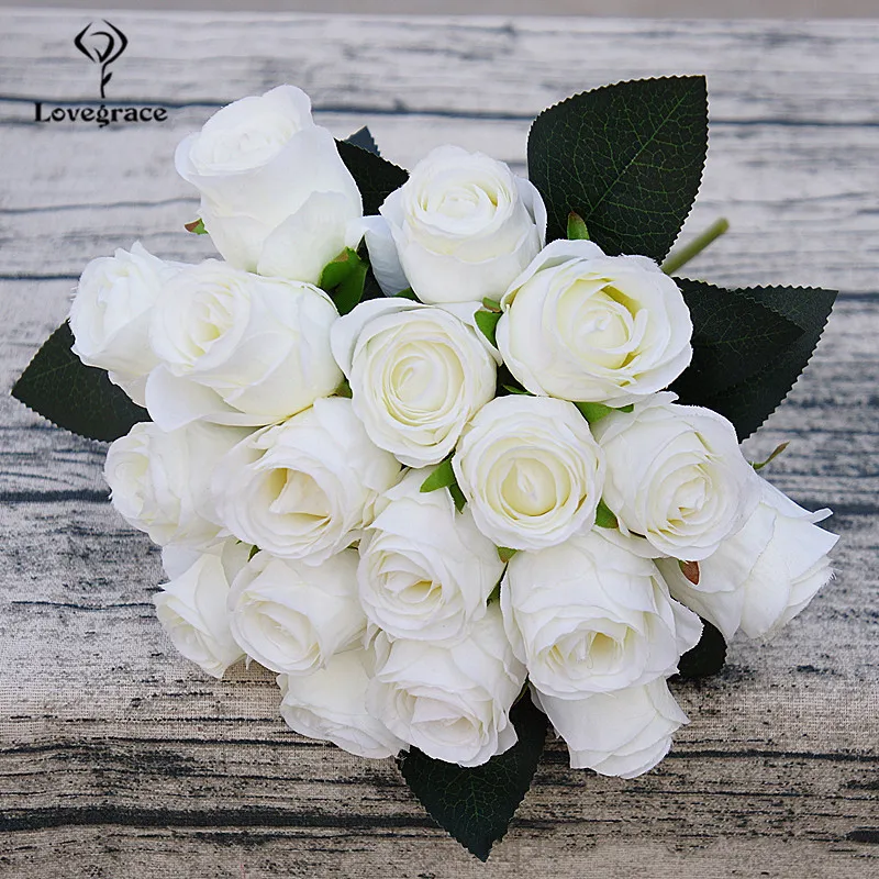 18 Heads Silk Artificial White Flowers Bouquet for Decorations DIY Bridal Flower Bouquet Mariage Rose Wedding Bouquets Lovegrace