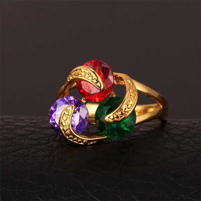 U7 CZ Ring For Women Gold Color Base with 3 pcs Round Cutted Colorful Cubic Zirconia Luck Jewelry QC24