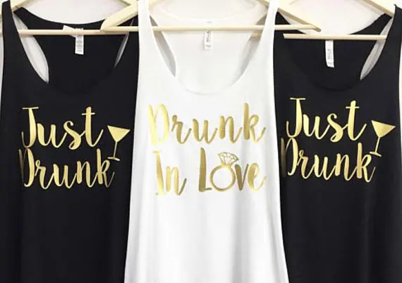 personalized GOLD just drunk in love Bridesmaids Bride Tank tops tees Hen night Bachelorette bridal shower t Shirts Party favors