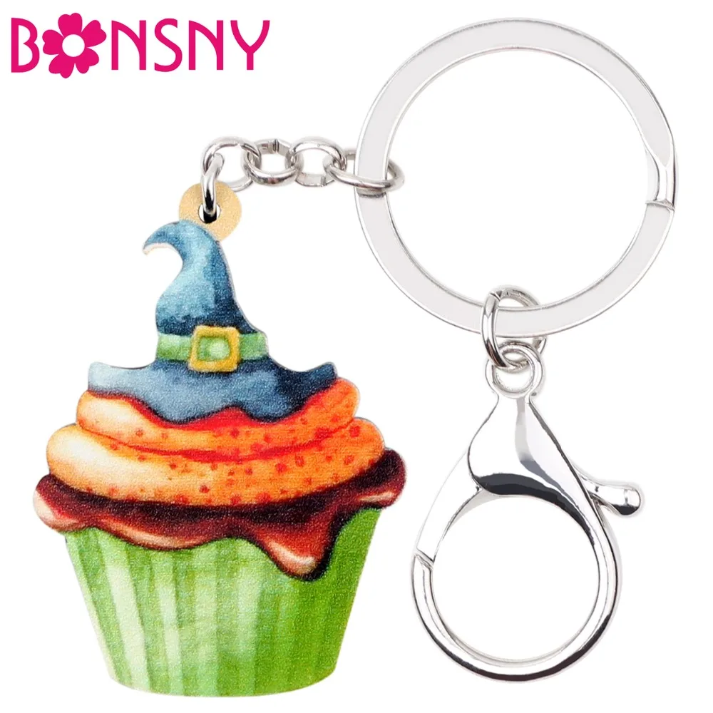 Bonsny Acrylic Halloween Magical Hat Cupcake Key Chains Keychain Rings Cartoon Food Jewelry For Women Girls Teens Bag Car Charms