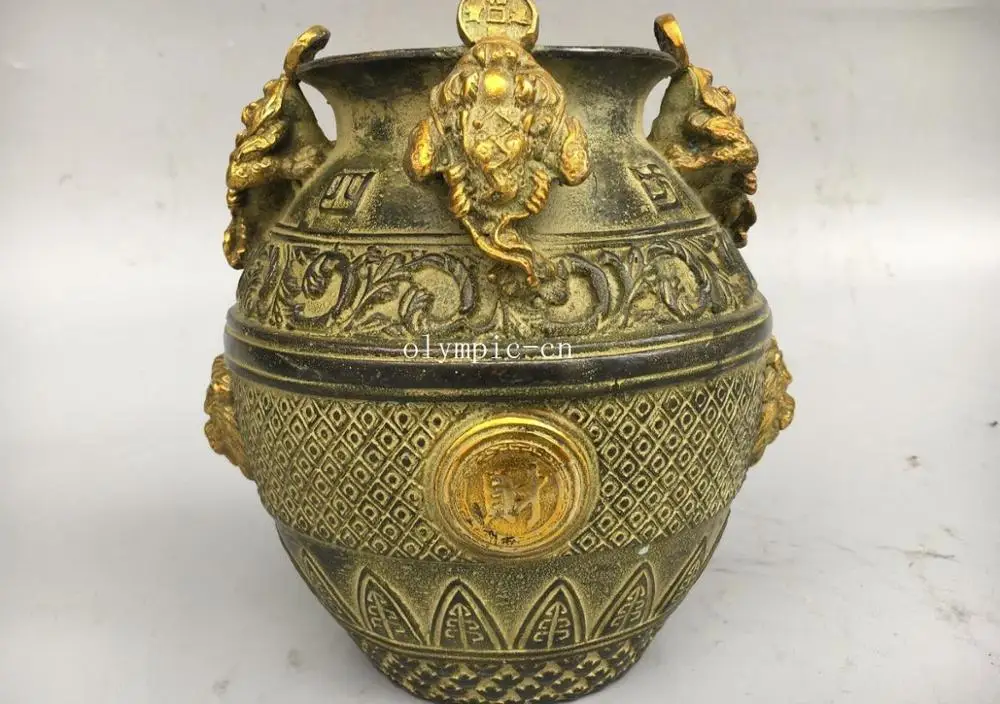 7''bronze copper gild carved lion golden toad frog wealth pot cup boxes case