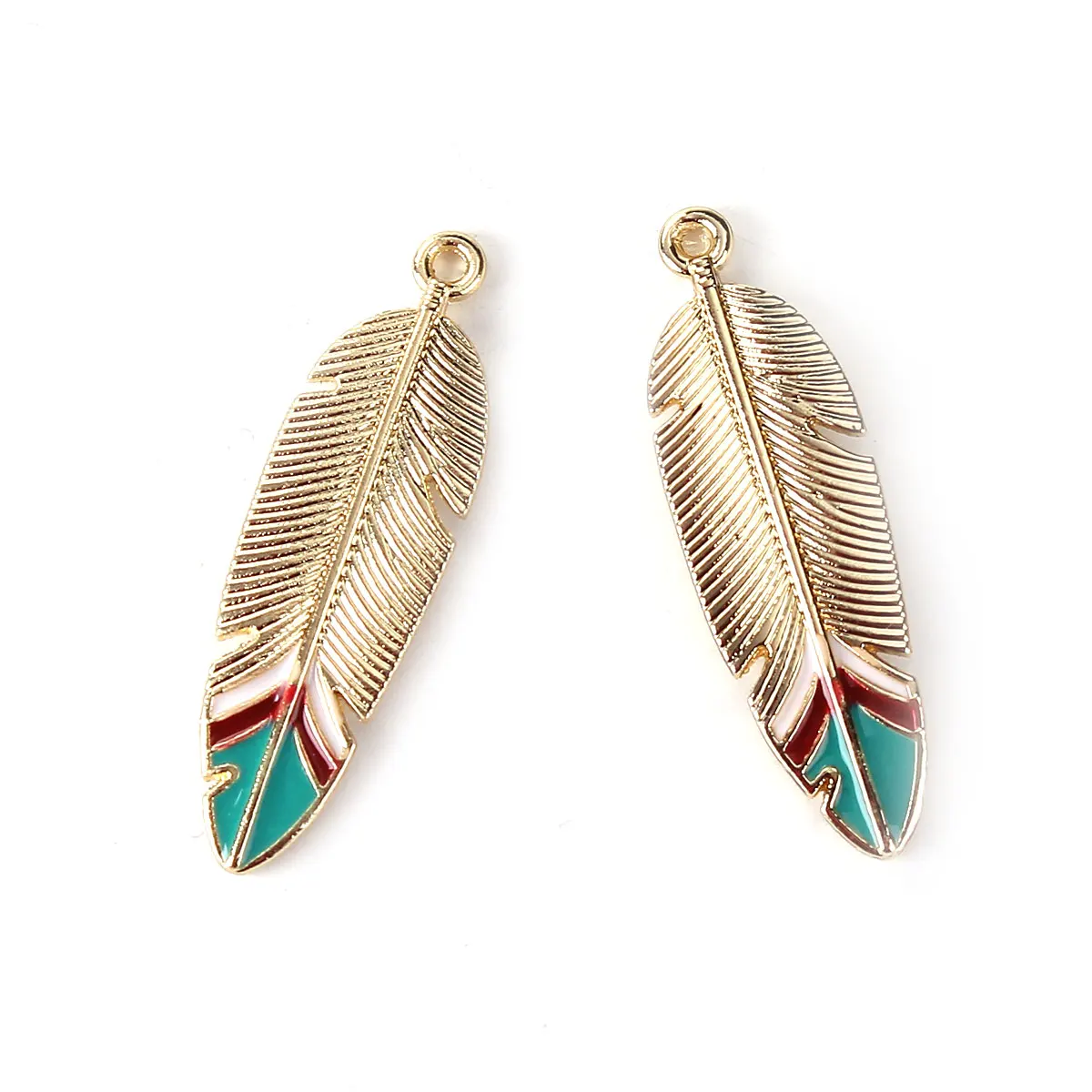 Zinc Based Alloy Pendants Feather Gold Color Green Enamel 33mm(1 2/8