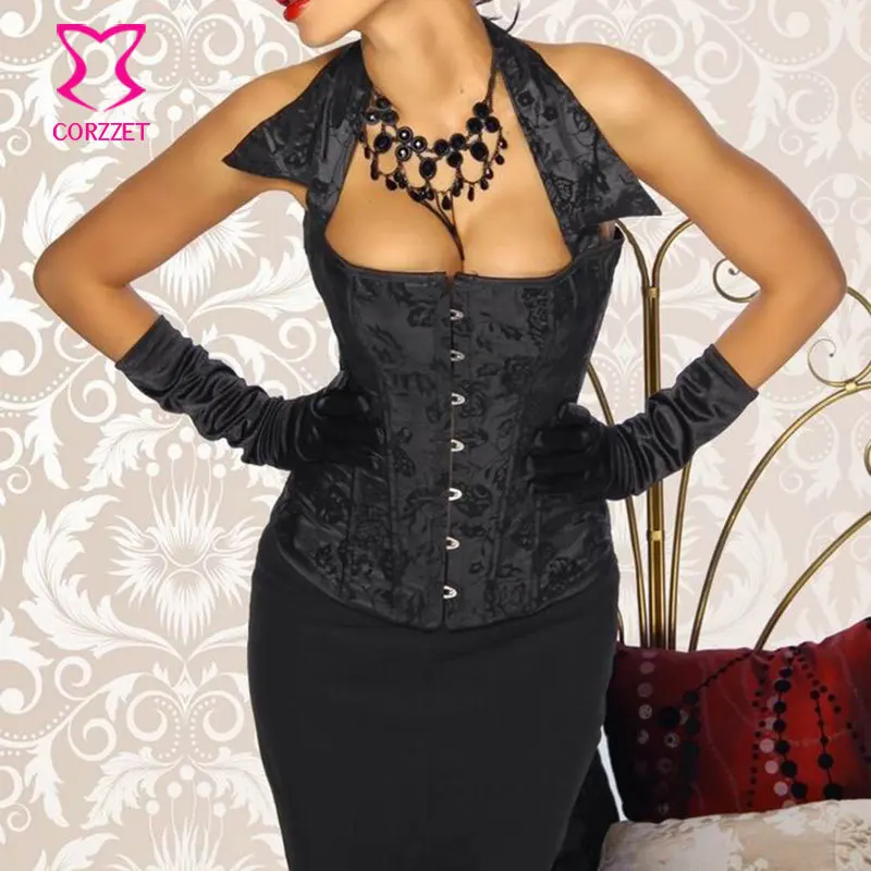 

Corzzet Black Floral Pattern Halter Collar Lace Up Sexy Overbust Corset Top Women Slimming Waist Body Shaper Corpetes Feminino