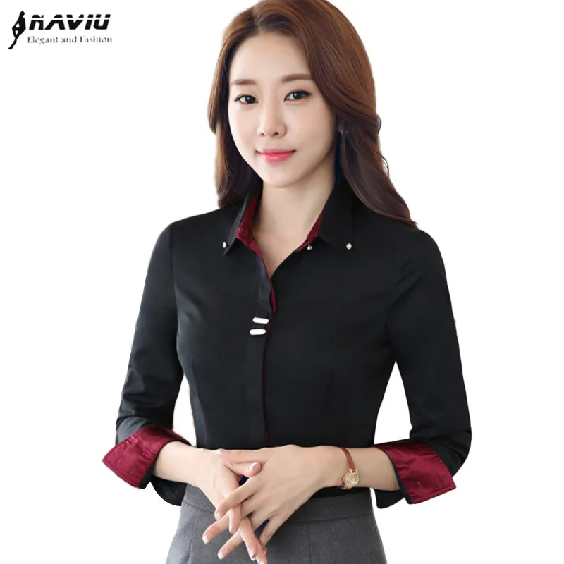 Fashion Clothes OL Women Long Sleeve Shirt Black White Slim Patchwork Sequined Cotton Blouse Office Ladies Formal Tops