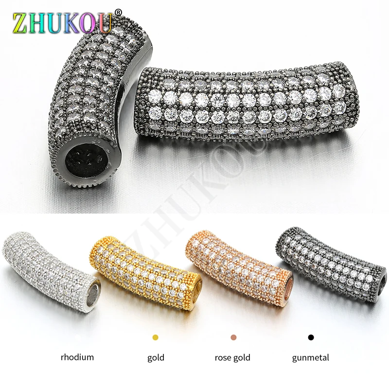 7*24mm Brass Cubic Zirconia Curved Tube Spacer Beads for DIY Jewelry Bracelet Necklace Making, Hole: 4mm, Model: VW6