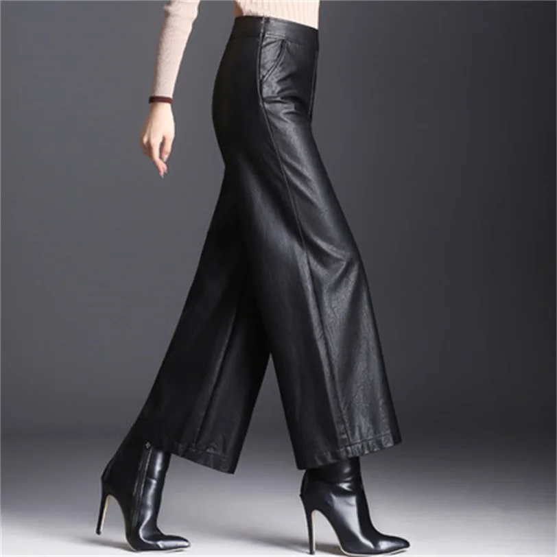 

Leather pants women's new high waist nine points wide leg pants autumn and winter loose PU leather trousers was thin large size
