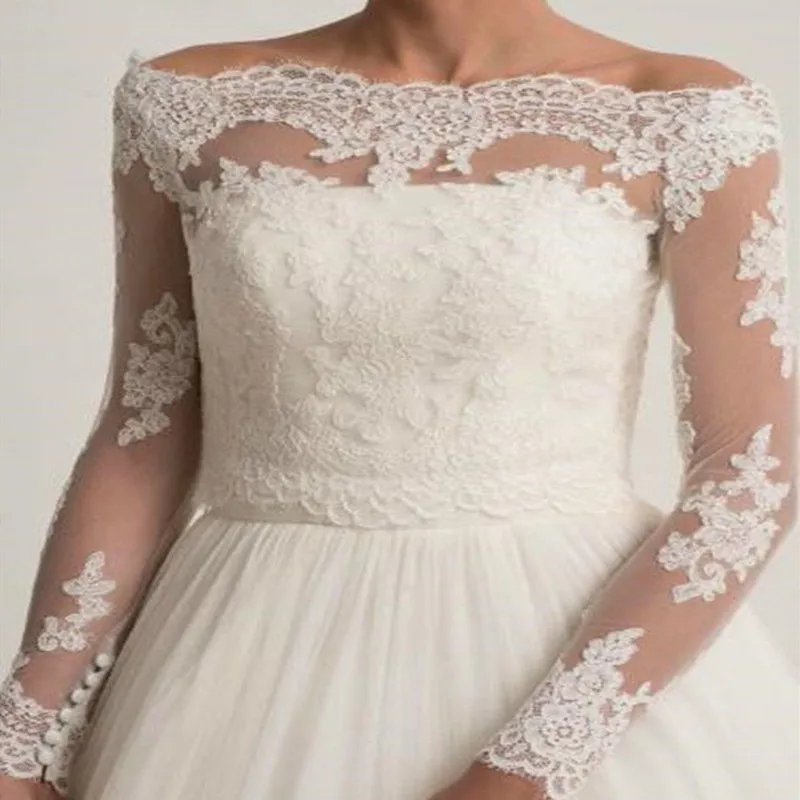 

Vintage New Wedding Jackets Boleros Wrap Top Off The Shoulder Lace Appliques Long Sleeve Custom Made Size Bridal Jacket