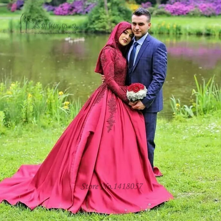 Vermelho islâmico manga longa muçulmano vestido de casamento com laço hijab vestidos de noiva vestidos de noiva turquia alta pescoço vestido de casamento