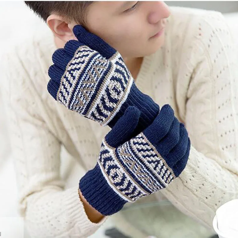 

Fashion Men's Stretch Wool Knit Crochet Snowflake Full Finger Touch Screen Driving Glove Winter Outdoor Cycling Warm Mitten B64