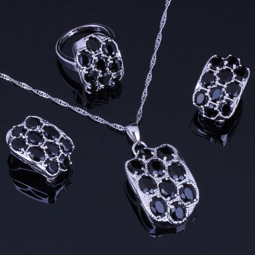 

Very Good Black Cubic Zirconia Silver Plated Jewelry Sets Earrings Pendant Chain Ring V0250