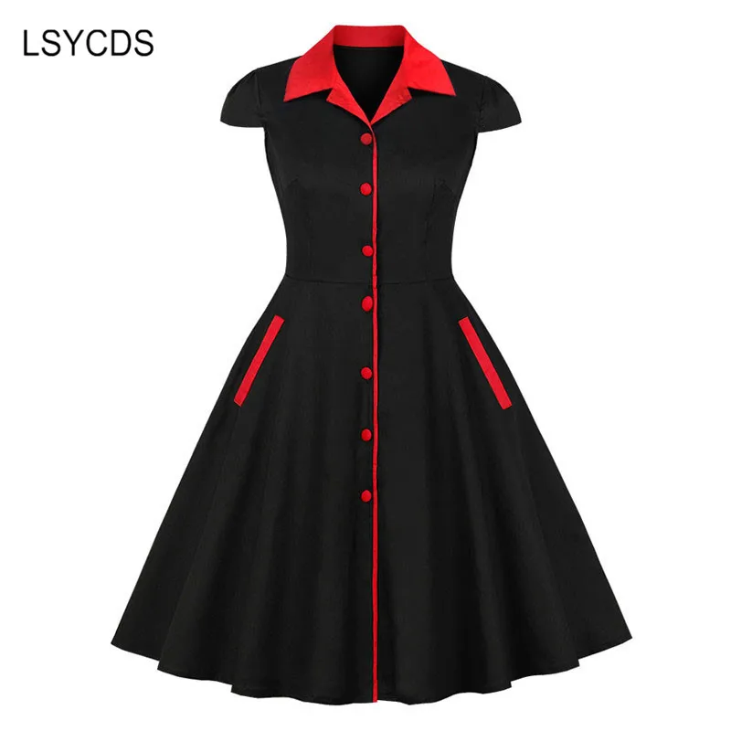 

LSYCDS Vintage Black Dresses Rockabilly Turn-down Collar Short Sleeve Knee-length Dresses Casual Office Party Retro Women Dress