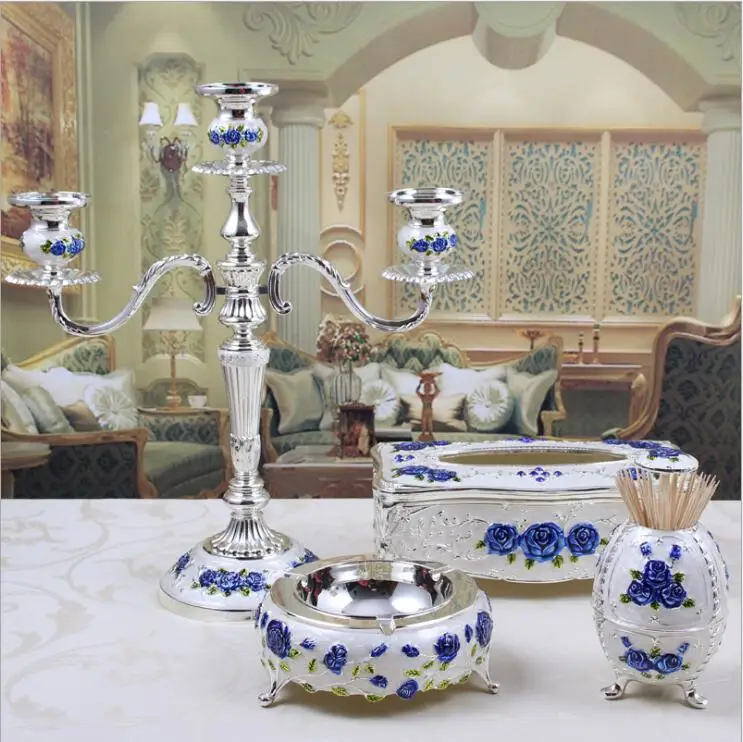 3/4pcs/set Europe metal candle holder +tissue box +toothpicker holer napkin holder tissue for home decoration candlestick JTZ004