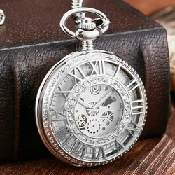 Retro Silver Mechanical Pocket Watch With Chain Unique Roman Numerals Hollow Sculpture Hand Wind Mechanical Pocket Watches Mens